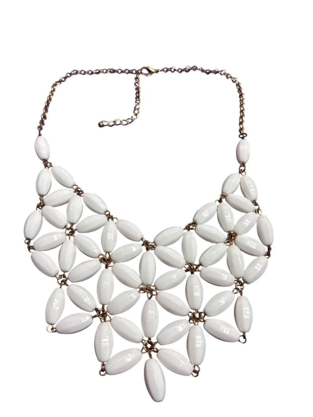 Vintage Y2K White Plastic Beaded Floral Bib Necklace Goldtone Chain 15-18 inches